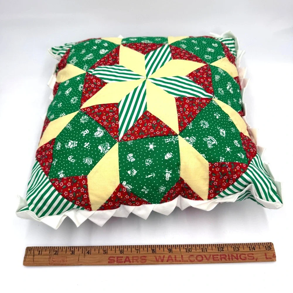 Quilted Patchwork Christmas Star Throw Pillow Red Green White Vintage Style